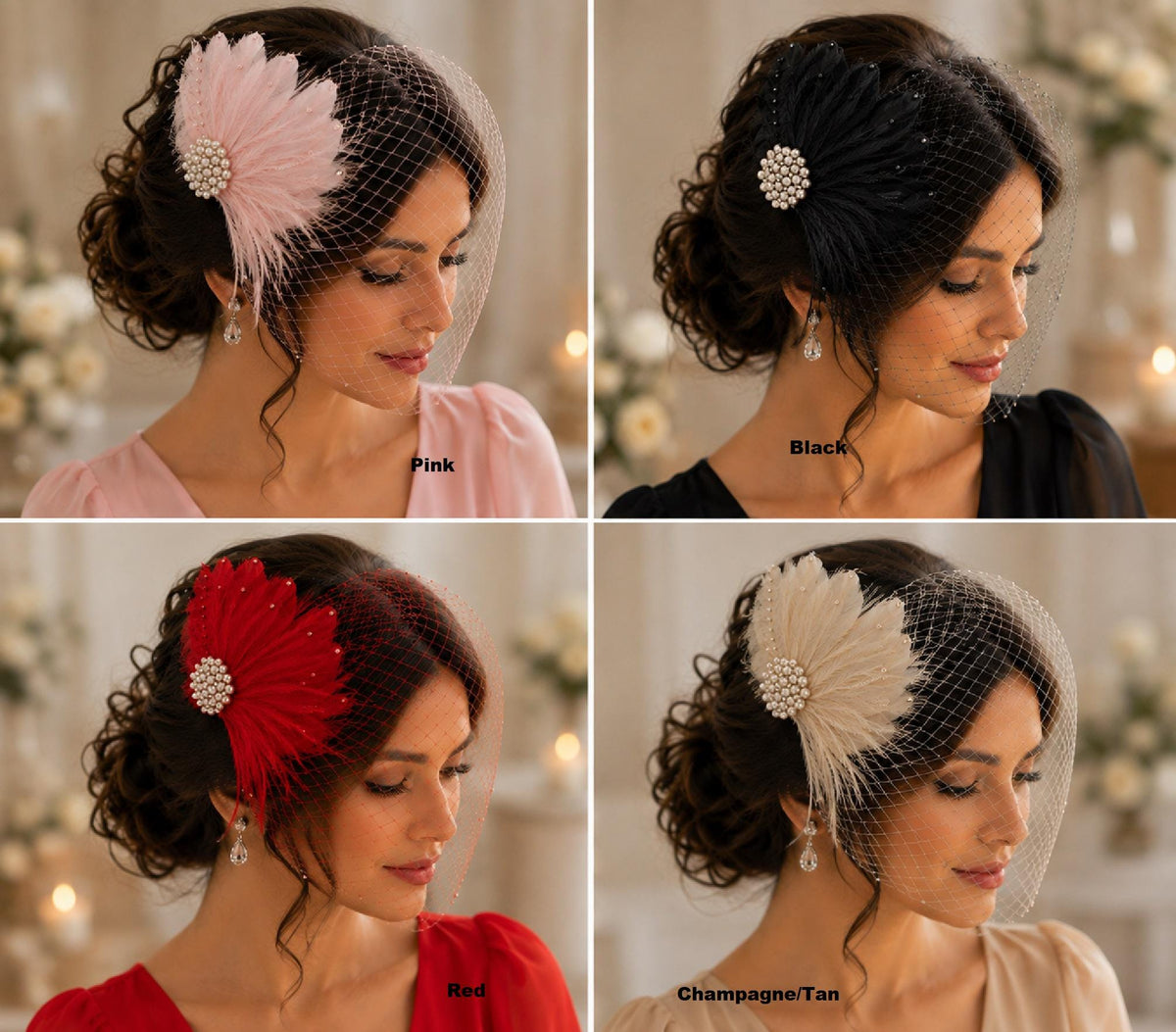 Birdcage veil, 1920s veil Gatsby wedding Bridal feather fascinator and face veil, 2PC set