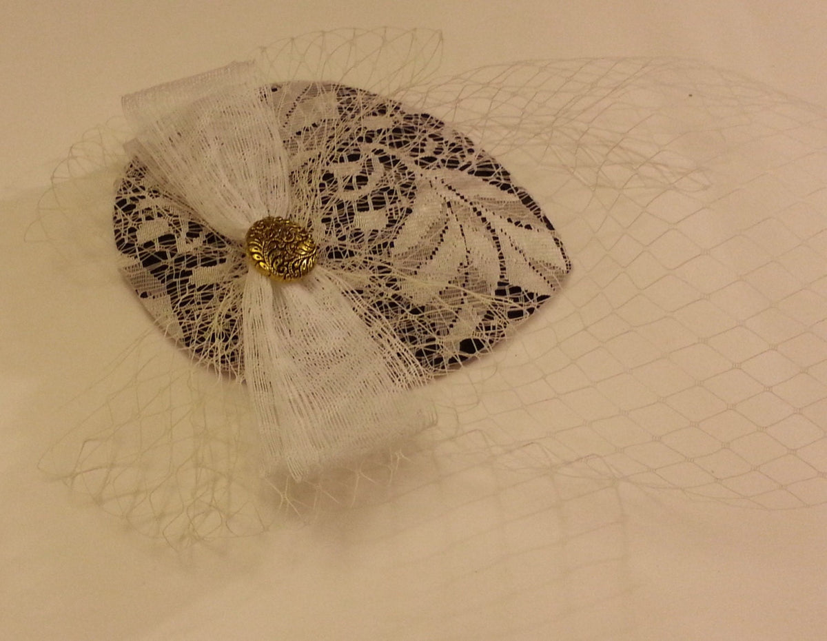 Birdcage Veil Hat FASCINATOR Vintage Black & White Teardrop hat Fascinator mini Veil. Antique gold centre embellishment Fascinator clip