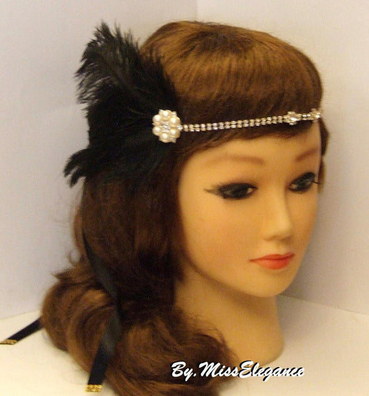 Fascinator di piume Gatsby #Fascia per capelli flapper con piume nere, accessorio per capelli da sposa vintage, fascinator di perle di cristallo anni '20, fascia per capelli con piume di struzzo
