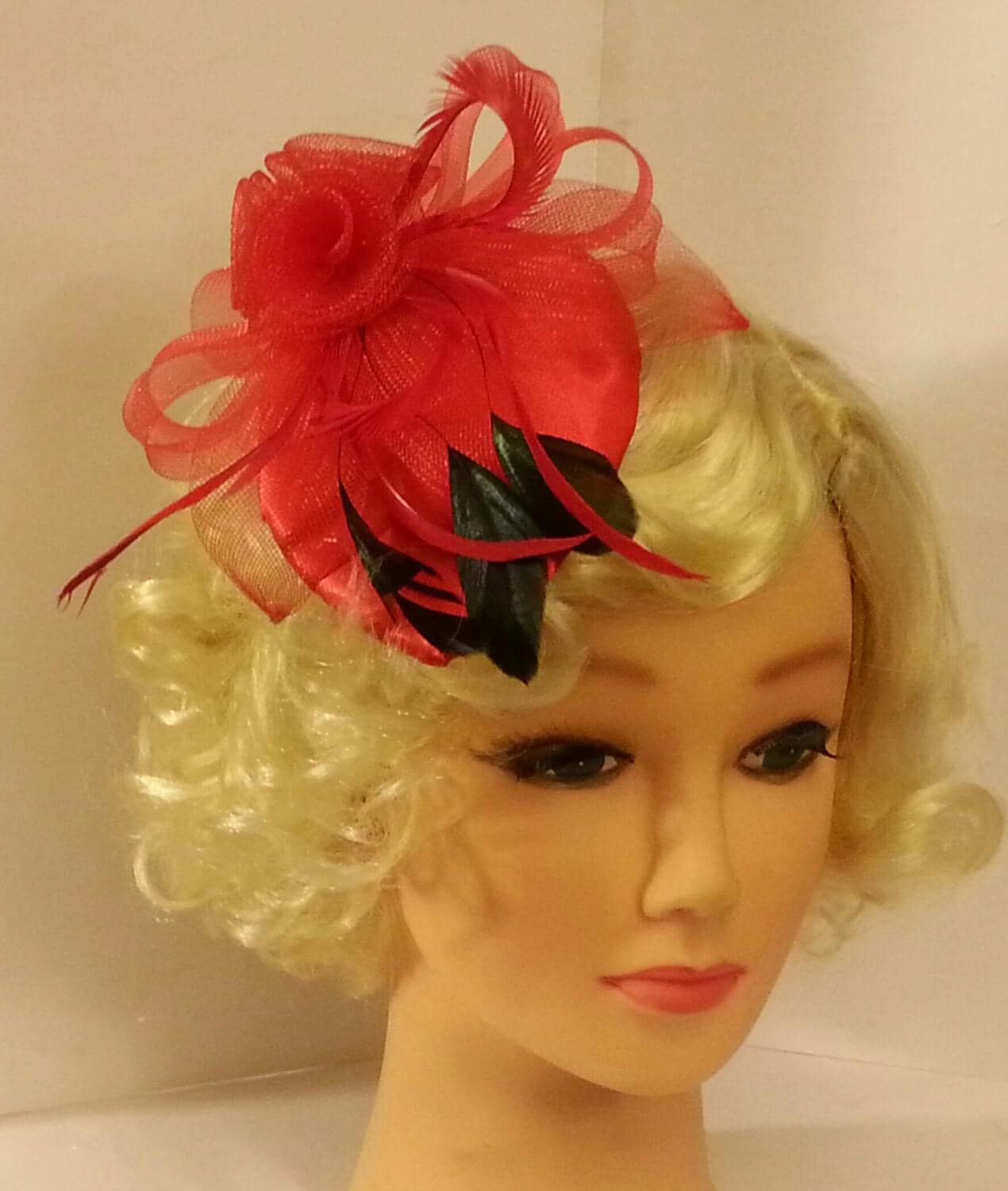 Fascinator hat, 40s 50s #RED Teardrop hat. RED & BLACK feather Fascinator Race, Cocktail party, Prom hat . Wedding feather fascinator