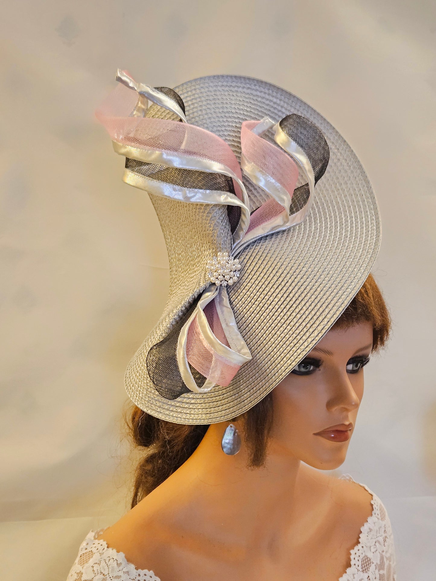 SILVER Grey fascinator hat with Black & Pink for Ascot, Cocktail party Wedding & Mother of the bride