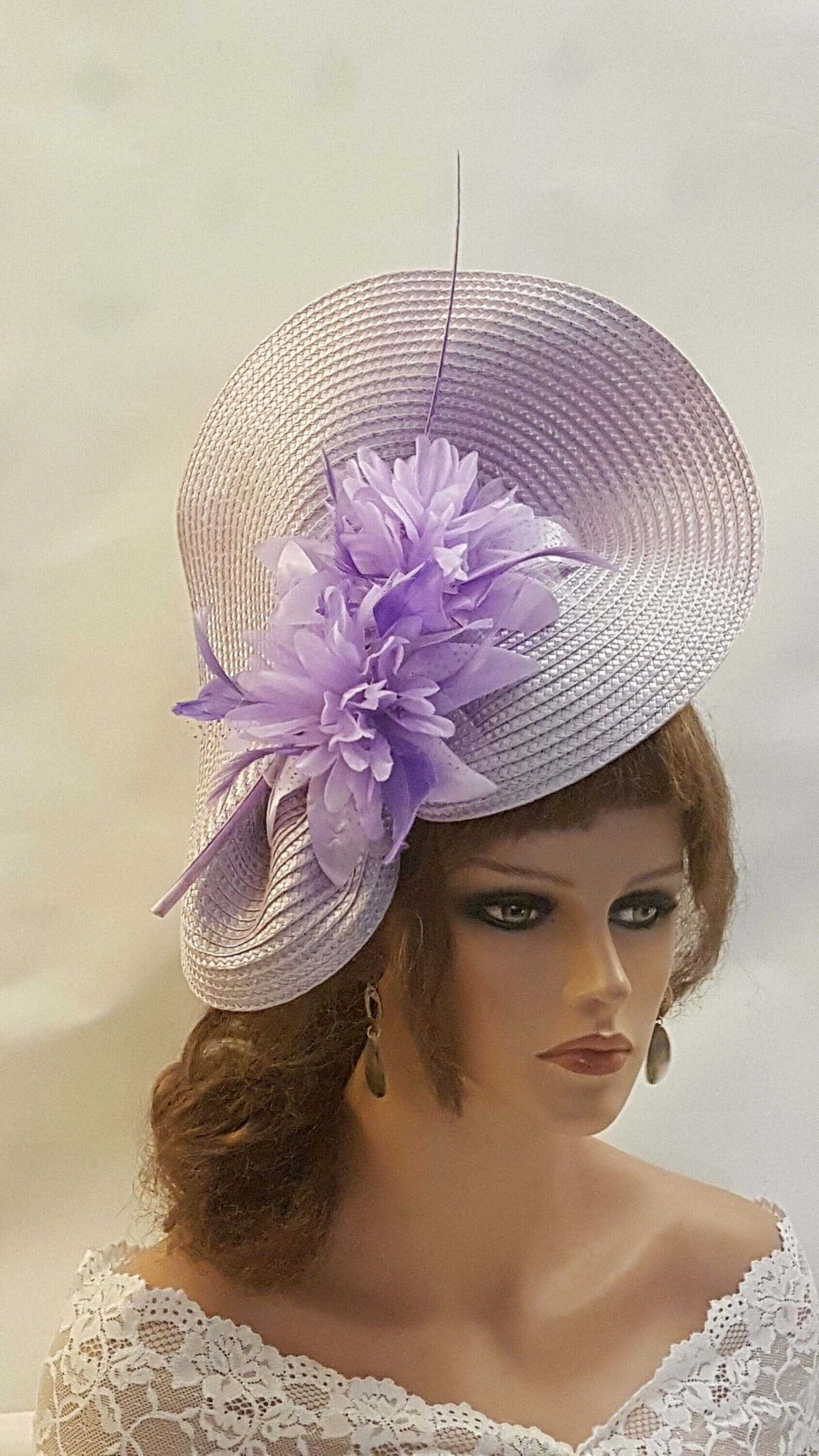 Lilac Lavender fascinator hat large saucer floral hatinator for Church Derby. Ascot. Mother of Bride.