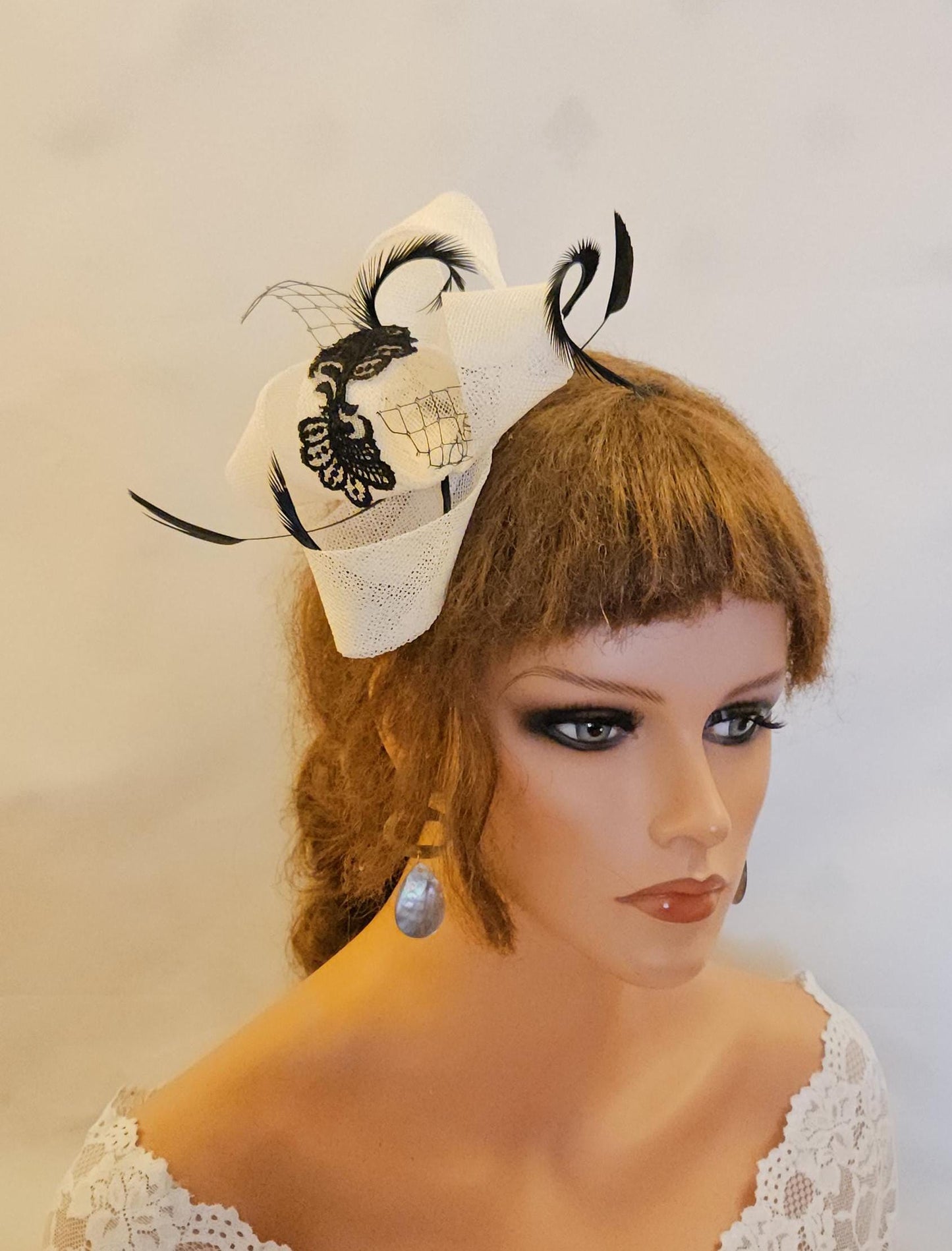 White Fascinator with  Black Featheres & Motif Ivory Champagne,Pink,Navy,Grey,Black ,Royal Ascot, Wedding Cocktail Party Church Headpiece