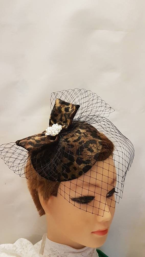 Lady Womens Dress Fascinator Velvet Hat Vintage 40s 50s Hat. Animal print Brown  Hat fascinator birdcage veil Party Wedding  ASCOT GOODWOOD