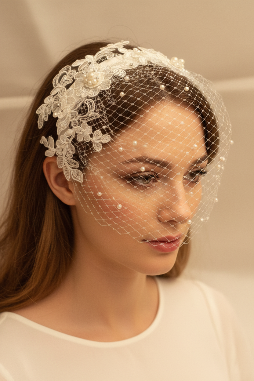 Voile cage à oiseaux en tulle blanc ivoire avec fascinateur en dentelle, voile de mariée en perles de diamant, voile blusher, voile bandeau