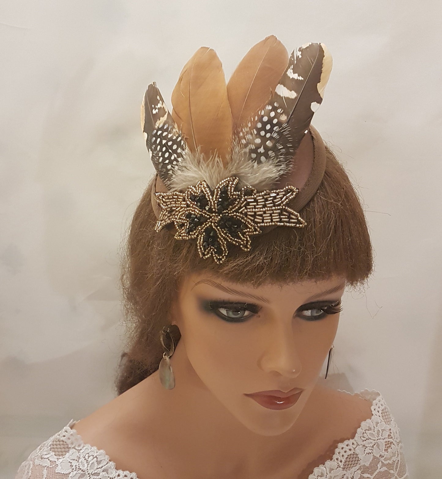 BROWN HAT FASCINATOR #Hat Fascinator. Crystal Beads jewel and Brown Feather Hat Fascinator, Race, Cocktail Ladies day, occasion pilllbox hat