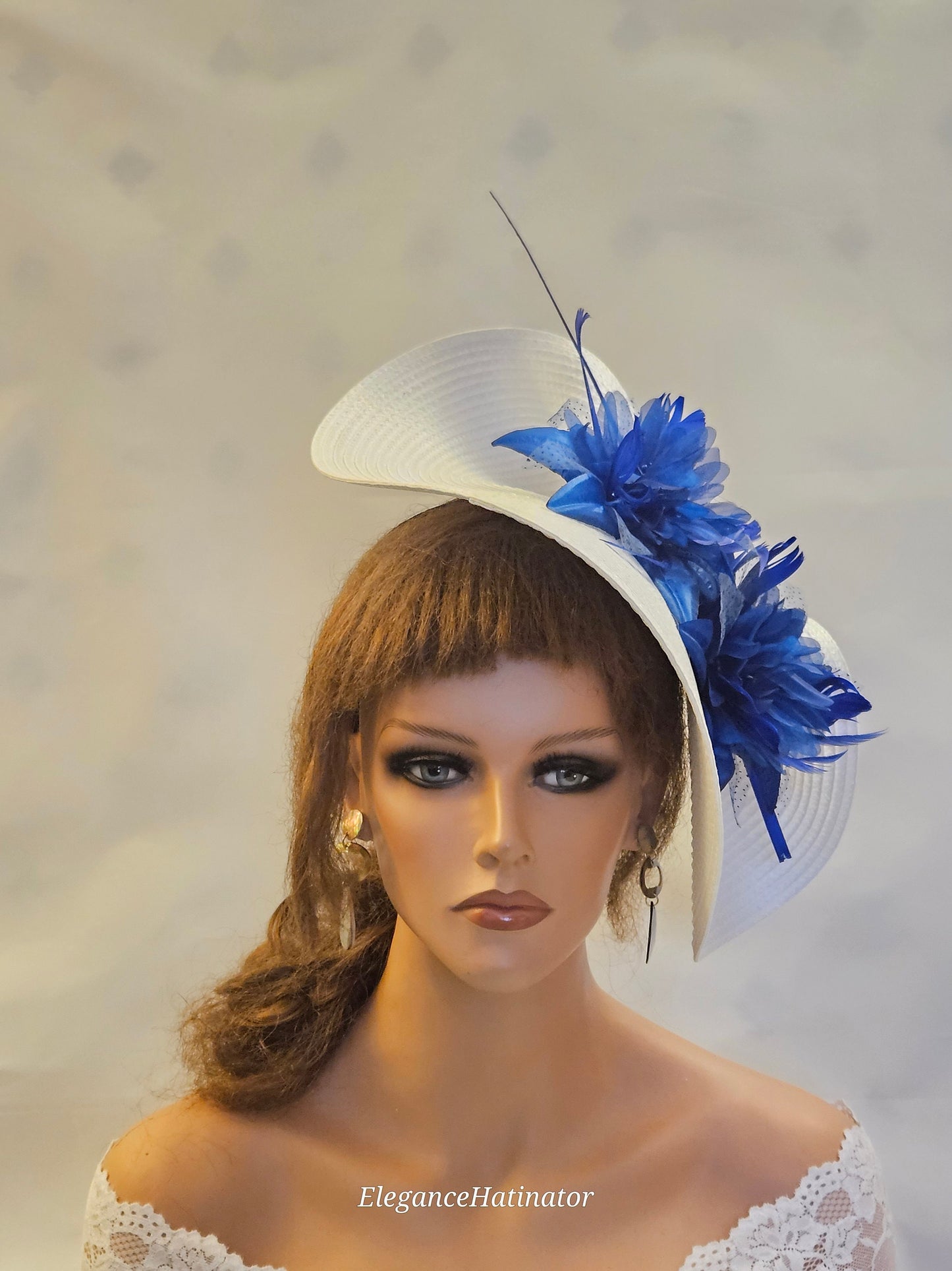 WHITE & BLUE Fascinator Hat large saucer hatinator long Quil Floral Church Derby Ascot Wedding TeaParty hat Mother of Bride/Groom Facinator