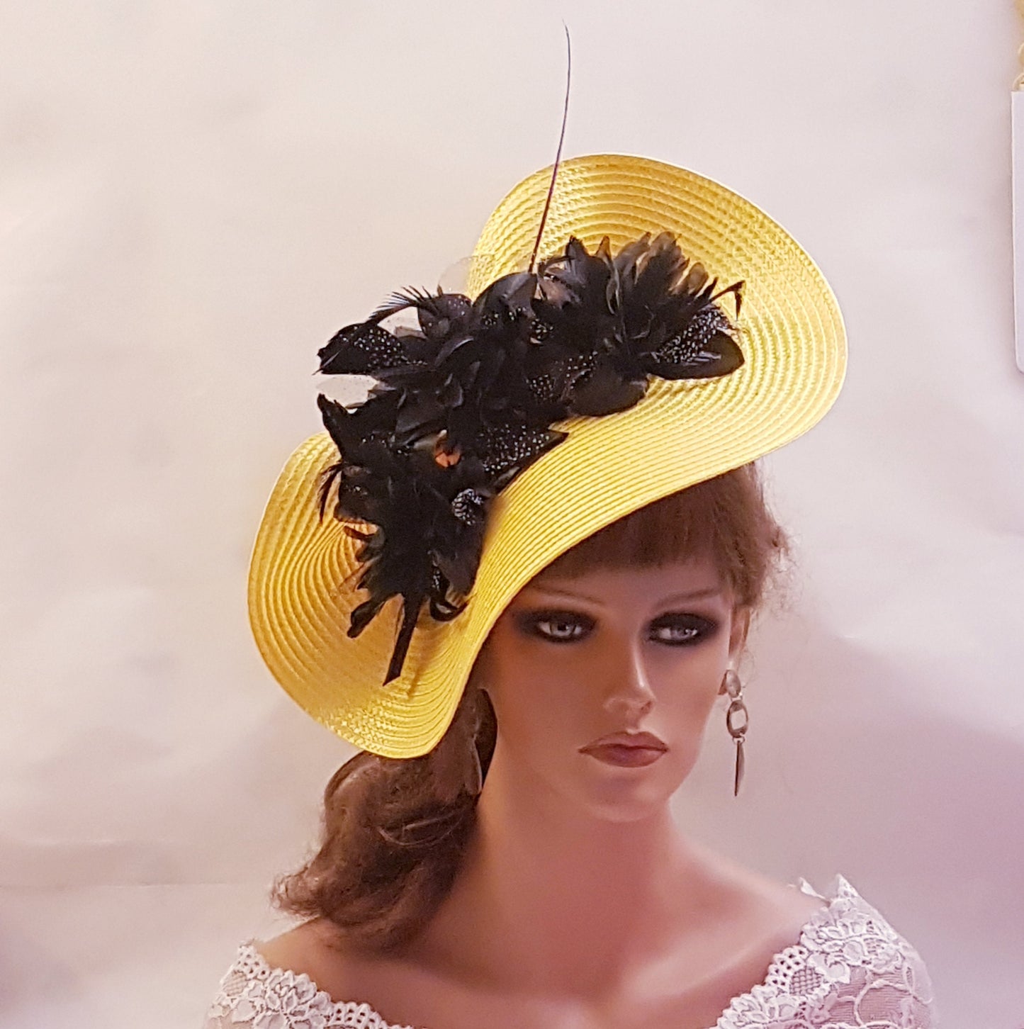 YELLOW & BLACK  #fascinator Hat Large saucer HatinatorLong quil Floral Church Derby Ascot Wedding TeaParty  Mother of Bride/Groom Hatinator