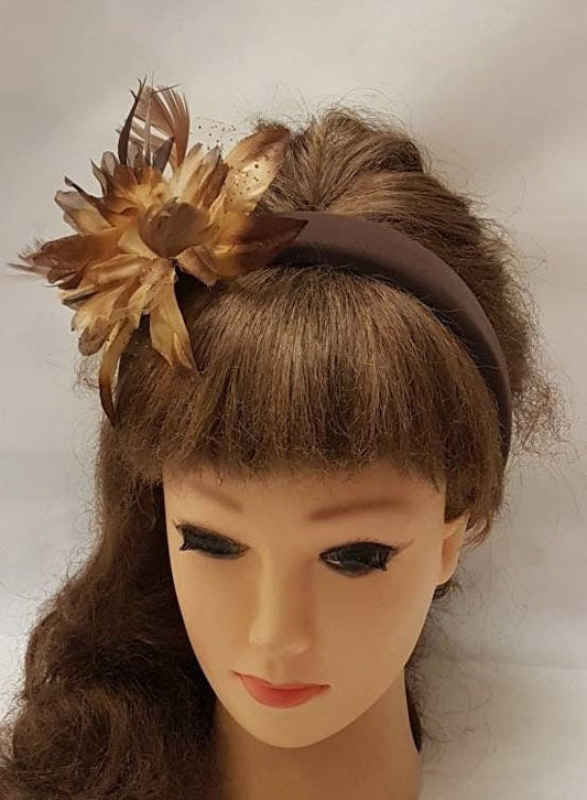 BROWN  Feather Flower SUEDE Padded Headband Fascinator Headpiece Halo Padded Hair Crown Races Wedding Prom