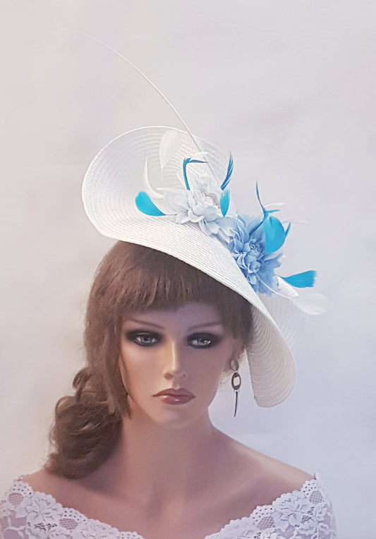 WHITE & BLUE Wide Straw weave Hat Fascinator with Flowers and Feathers. Stylish Headpiece Weddings,Formal Events,Race,Garden Party Headpiece