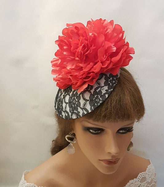 BLACK, WHITE & RED hat fascinator  Large Red Peony Flower. Black Lace  hat. Wedding, Race, Ceremoney Hatinator Cocktail Ascot Hat Fascinator