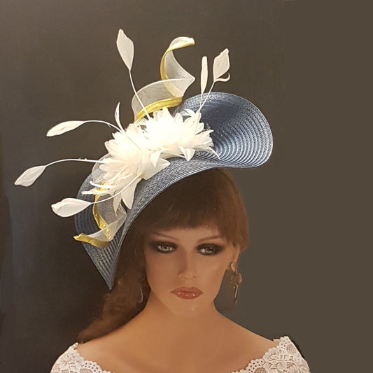 NAVY & WHITE HAT Fascinator Silver or Gold Swril Floral Hatinator Wedding, Race,Ladies Day, Womens hat, Mother of bride-Groom hat fascinator