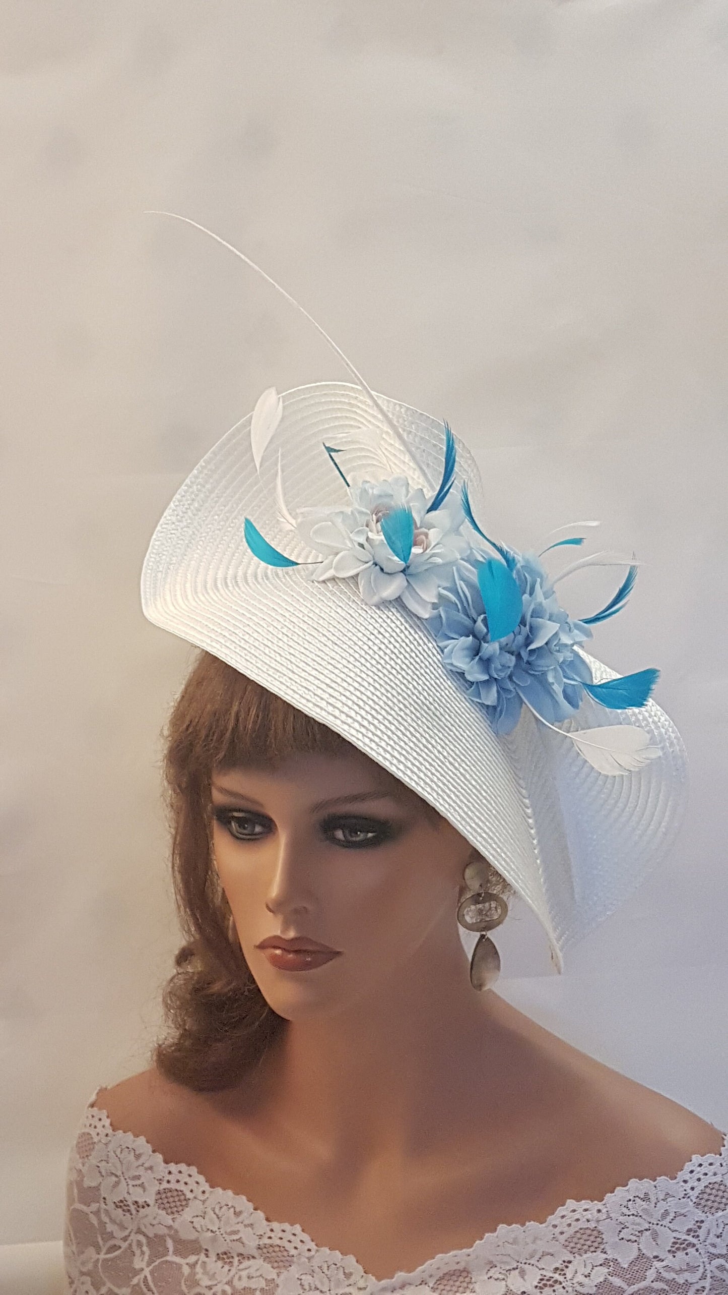 WHITE & BLUE Wide Straw weave Hat Fascinator with Flowers and Feathers. Stylish Headpiece Weddings,Formal Events,Race,Garden Party Headpiece