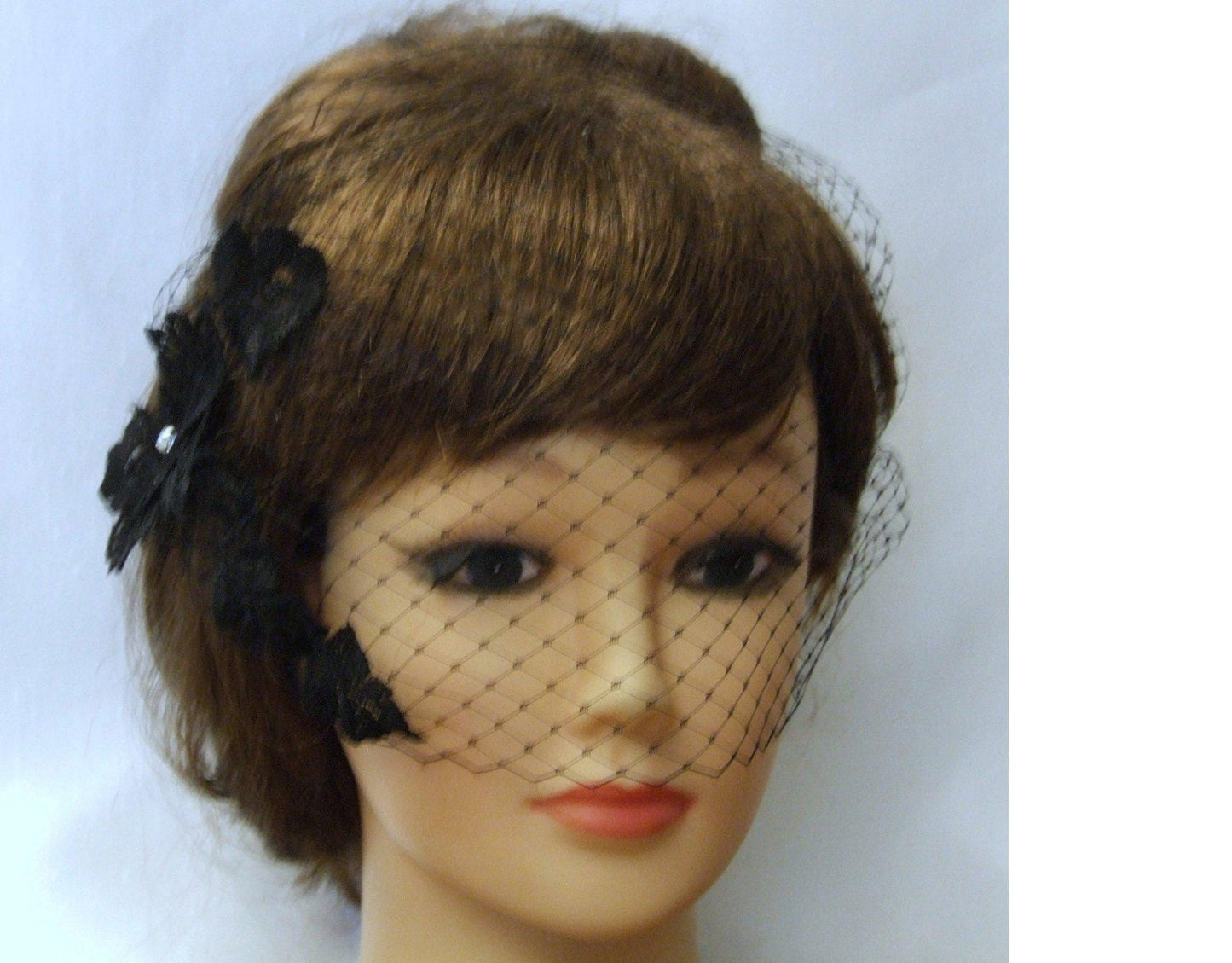 Black Birdcage veil  Blusher Veil 9 inch Bandeau veil French net veil Black flower motif fascinator Black face veil Black french net veil