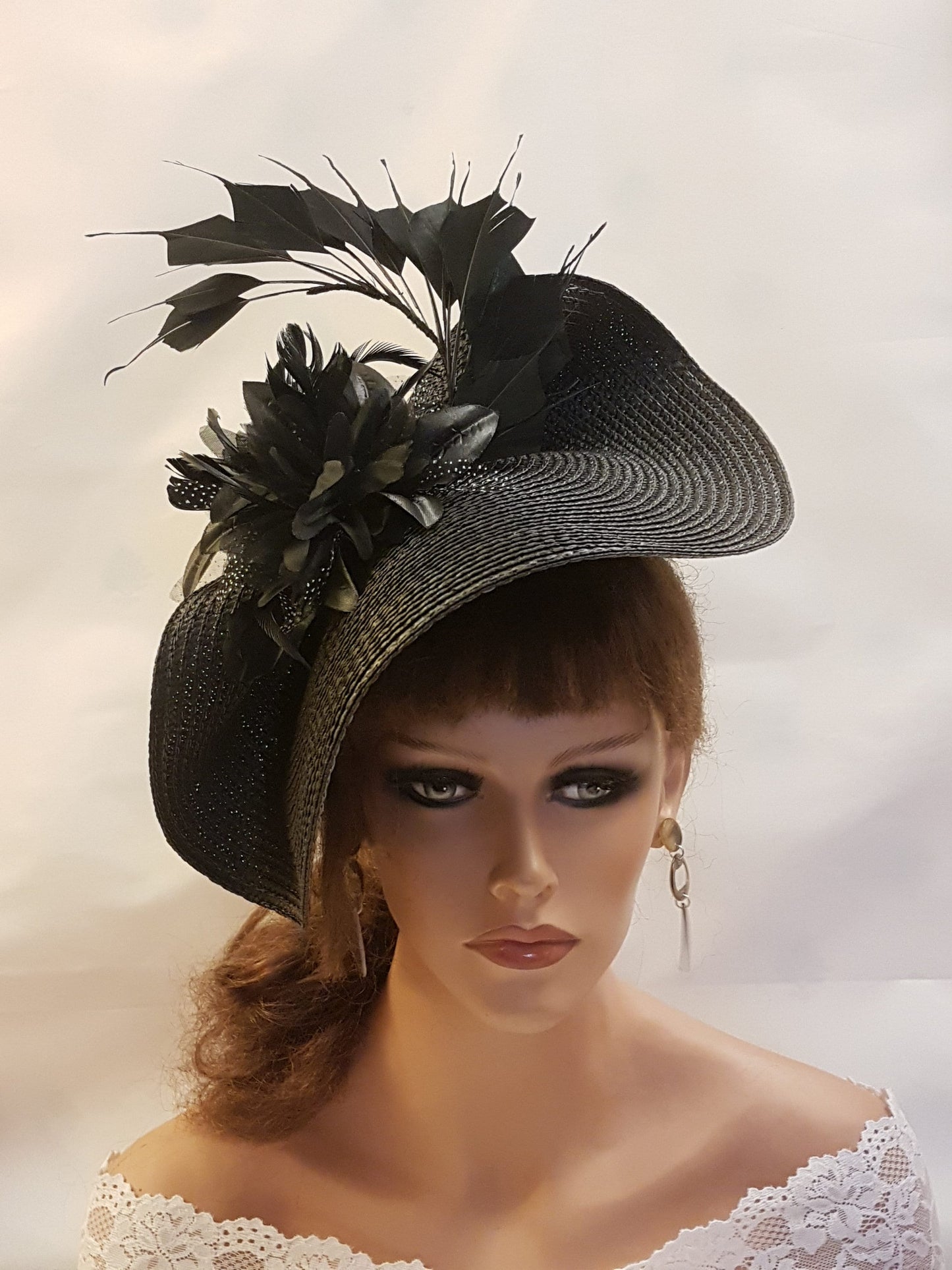 Black Fascinator Hat with Feathers,Flowers.Headwear for Weddings & Races,Halloween,Ladies Headpiece Perfect for Special Occasions and Events