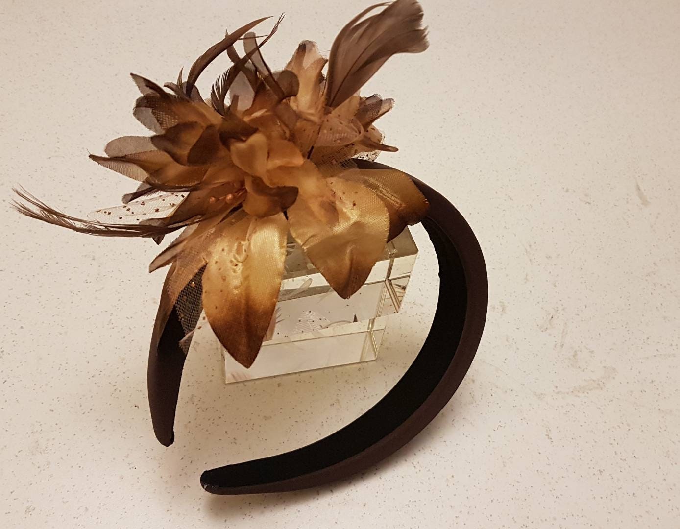 BROWN  Feather Flower SUEDE Padded Headband Fascinator Headpiece Halo Padded Hair Crown Races Wedding Prom