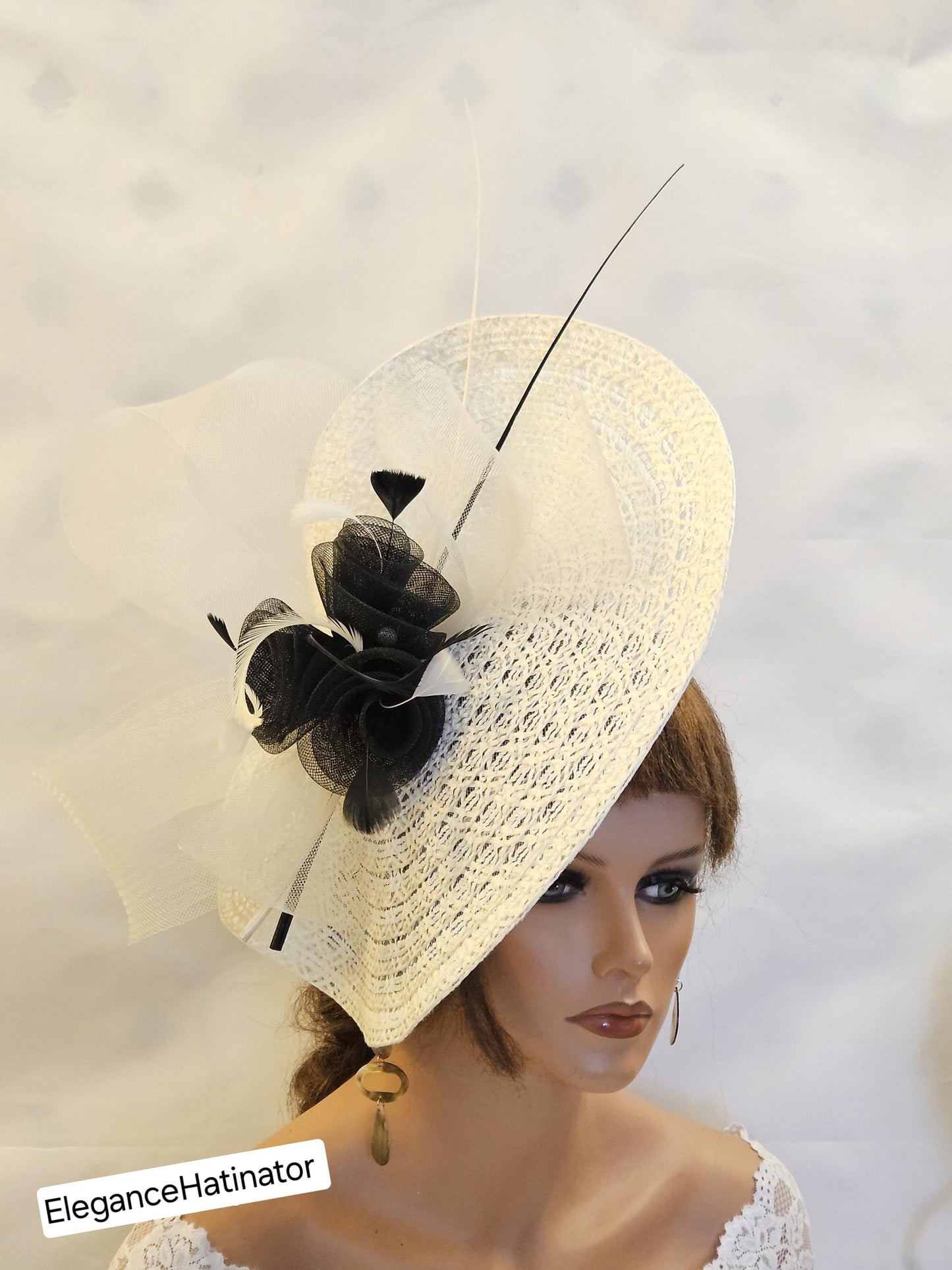 Ivory & Black fascinator large  hatinator Feather Floral Church Derby Royal Ascot Hat Race Wedding Party hat Mother of Bride/Groom Hatinator