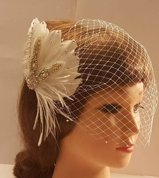 Birdcage veil, Bridal fascinator, Gatsby fascinator, 1920s wedding fascinator, White,Ivory  2 Pc Bridal feather fascinator  & Birdcage veil