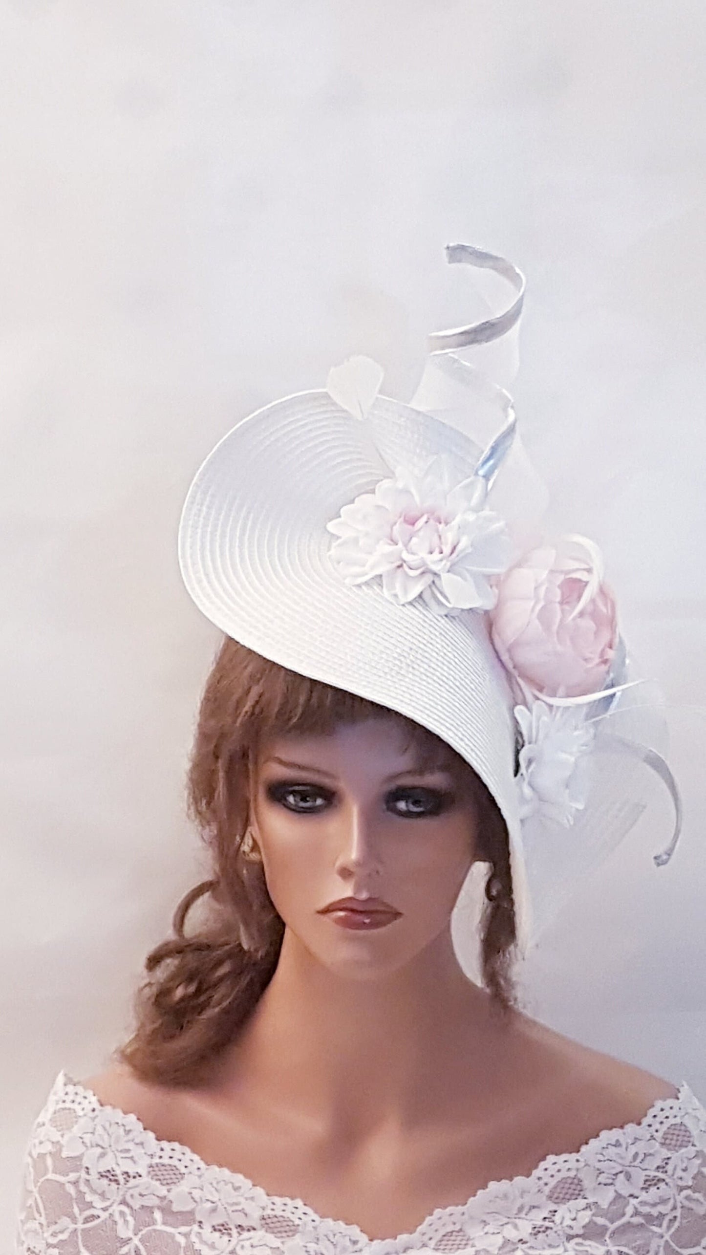 White & Pink fascinator large saucer women Hatinator Church Derby Ascot Race Wedding Cocktail Party hat Mother of Bride/Groom Hat Fascinator