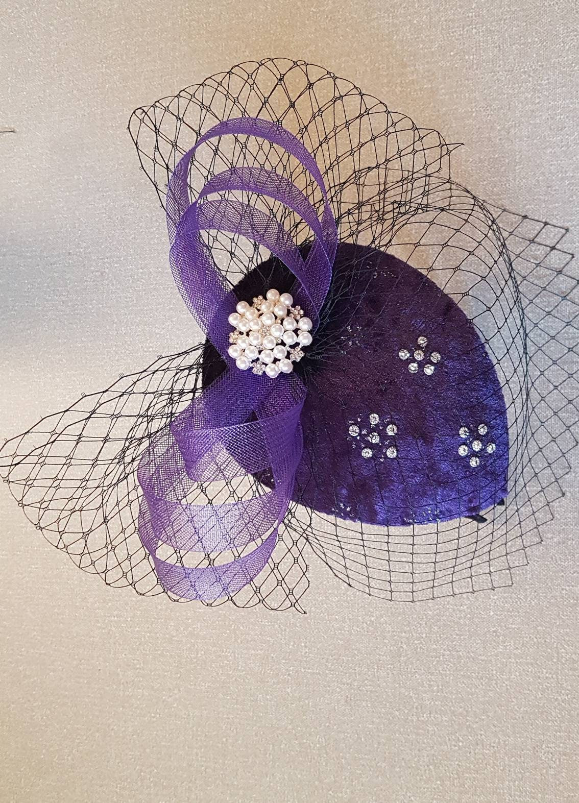 PURPLE Fascinator, Purple Velvet FASCINATOR Hat with mini veil hat, Race,Cocktail,Ascot,Cocktail fascinator hat,Wedding headpiece,Hatinator