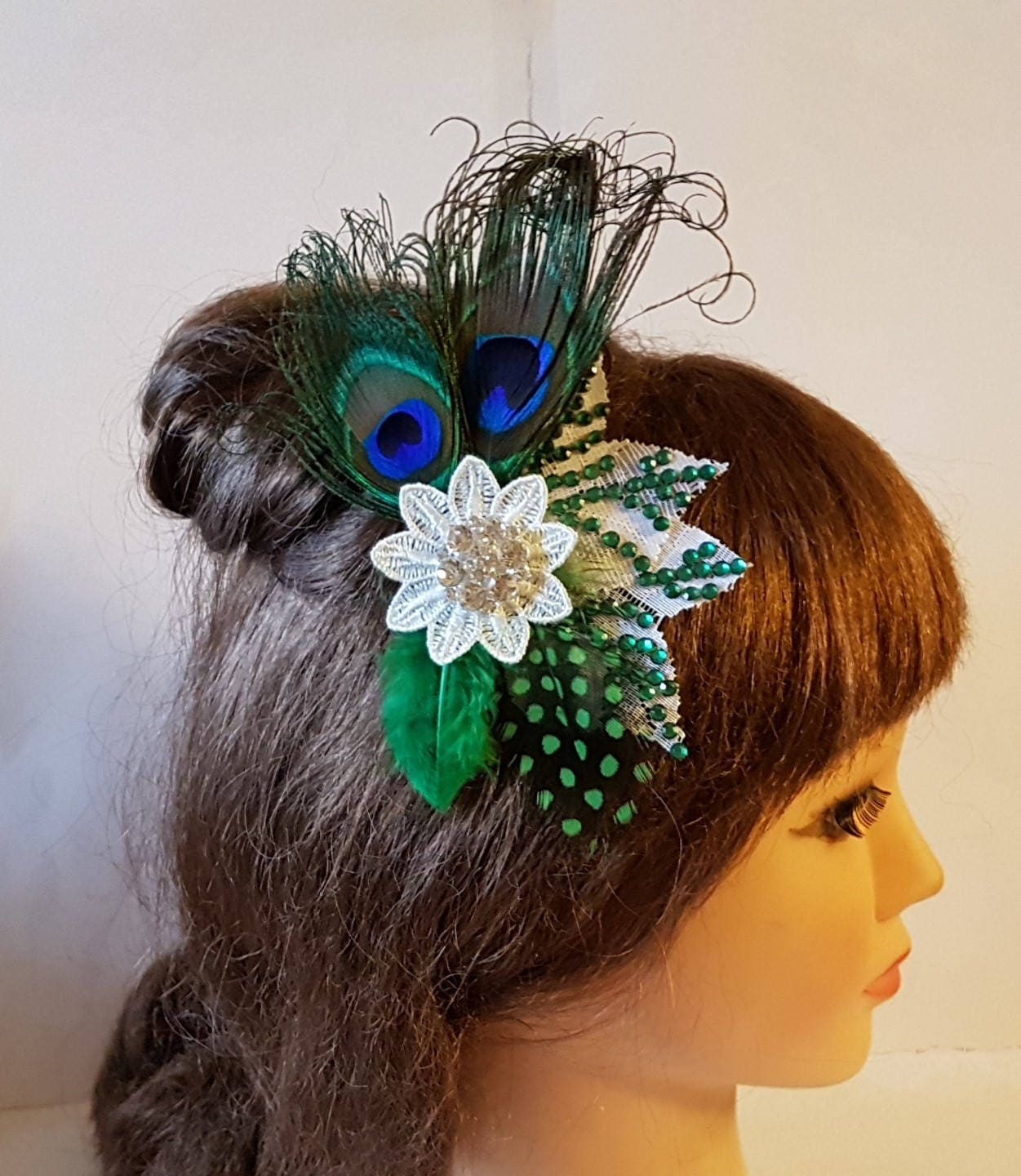 Peigne à cheveux en plumes de paon de mariée, peigne en plumes de cristal bleu vert Fascinator Fascinator de mariée Gatsby Bandeau des années 1920 Fascinator de mariage