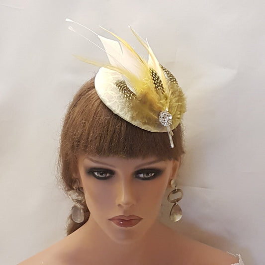 SAGE GREEN Fascinator with Spotty Mustard gold feathers and White feathers Church Ascot Wedding TeaPartyCocktail Ladies day  hat fascinator