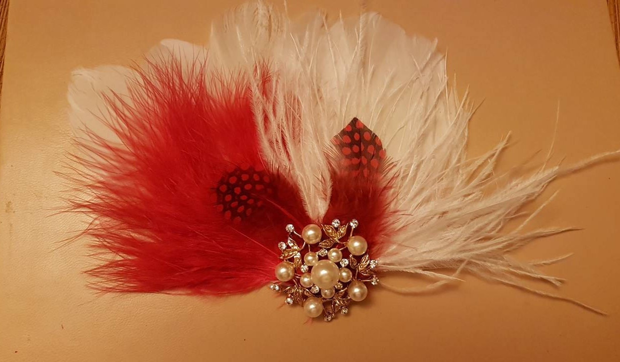 Feather Hair Clip Gatsby Feather Fascinator Feather Hair Piece,Wedding Hair Accessory Gold tone jewel  Red feather fascinator Cocktail clip