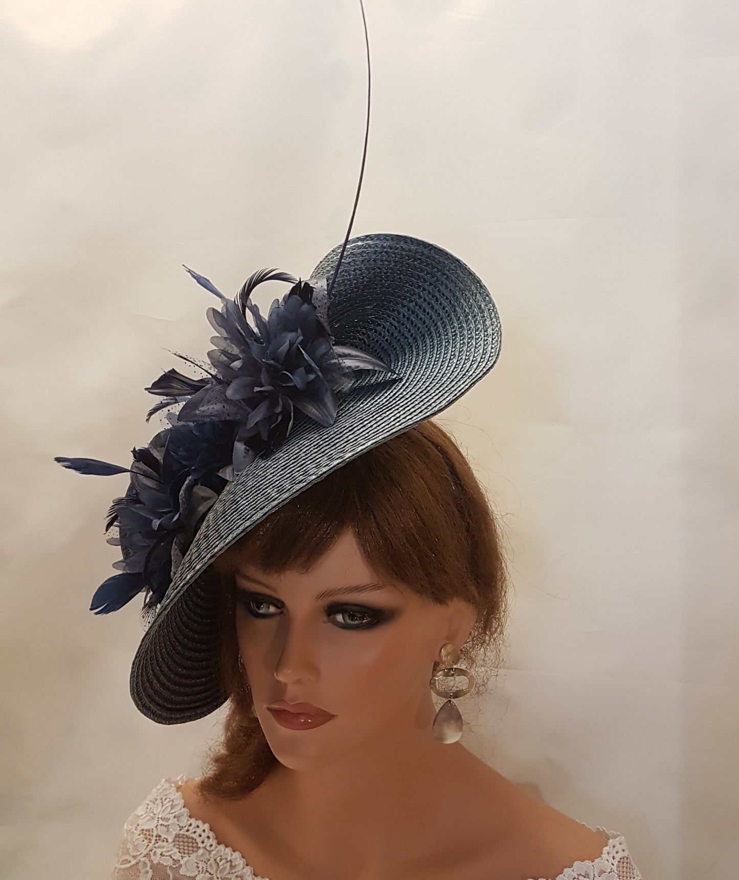 Fascinator NAVY BLUE large saucer hat fascinator Long Quilfeather Floral Church Derby Ascot Race Wedding hat Mother of Bride/Groom Hatinator