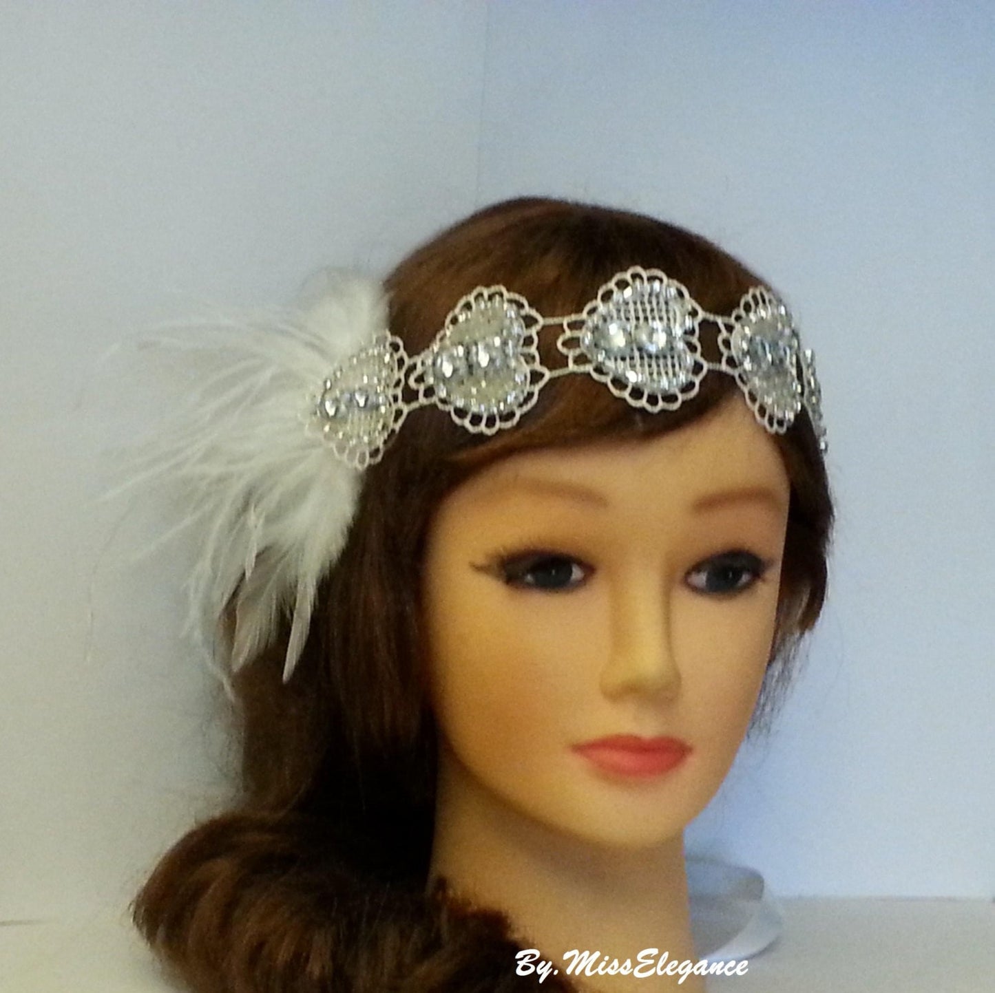 1920s Flapper Headpiece, Bridal Gatsby Headband Crystal Beaded Heart Motif forehead Headband Vintage 1920's-40's sparkly Feather headband