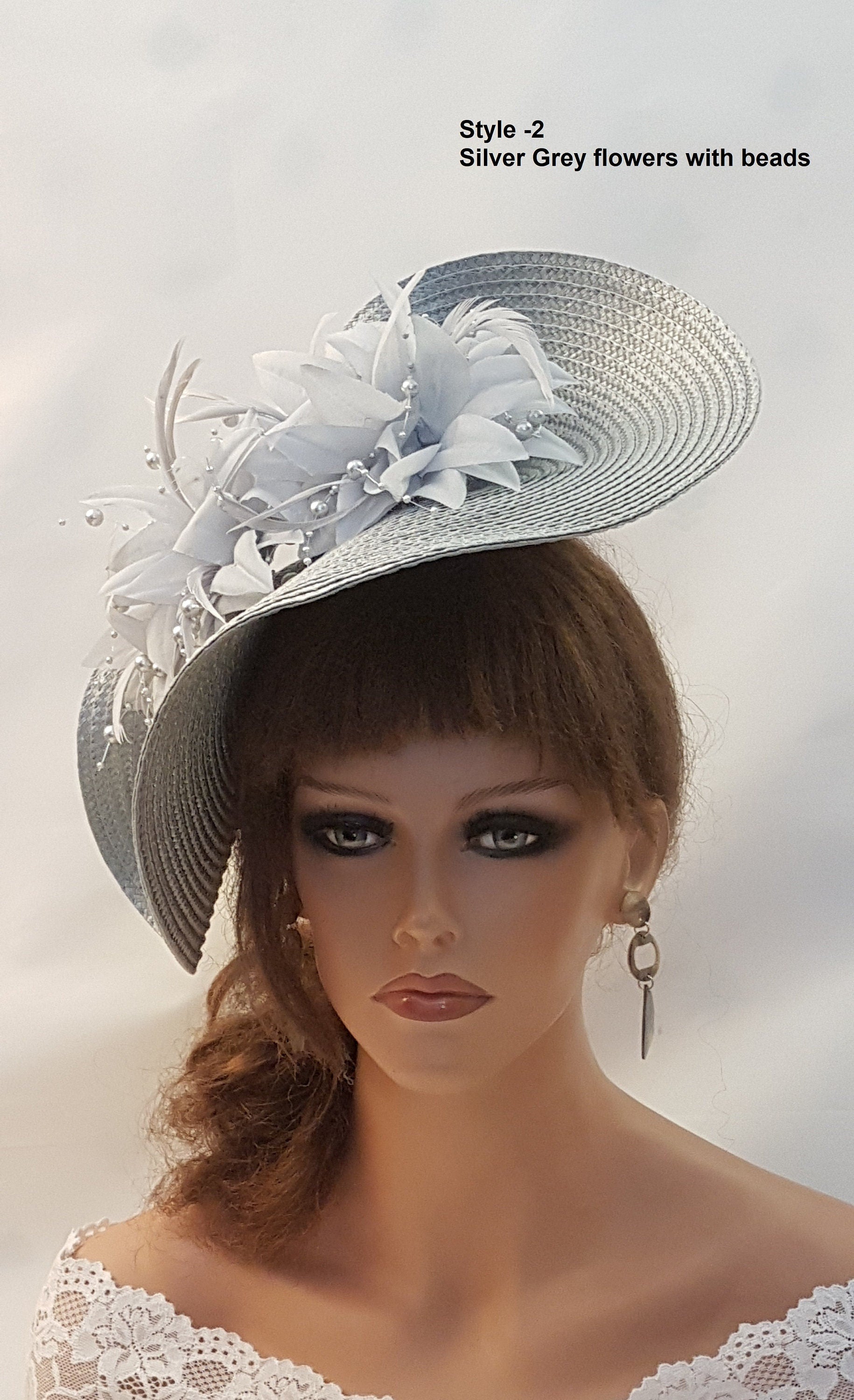 Silver Grey Fascinators & Hats with beaded Silk flowers for Weddings,Ascot, Kentucey, Races, Mother of the Bride/ Groom & Special occasions