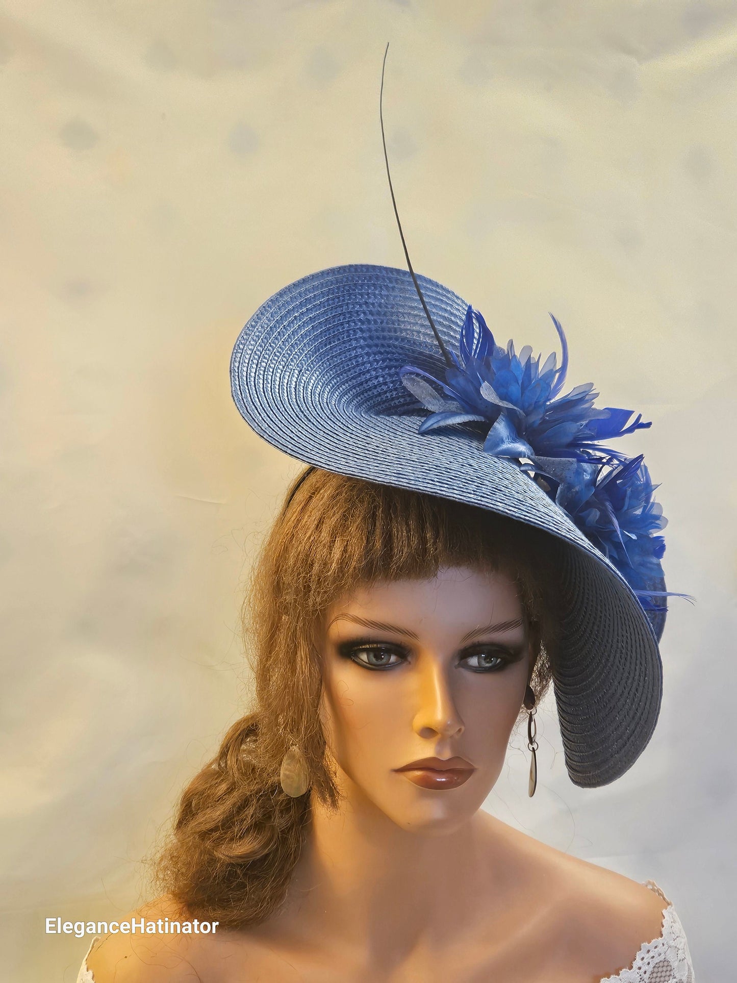 ROYAL BLUE Mother of Bride/Groom Fascinator Hat large saucer hatinator long Quil Floral Church Derby Ascot Wedding TeaParty hat-EleganceFascinator