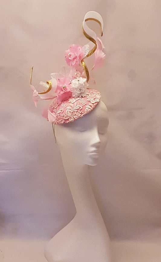 PINK HAT FASCINATOR  #Pink hat with Gold edge swirl Kentucky derby  Ascot hat fascinator Wedding, Race, Cocktail hat Church hat fascinator