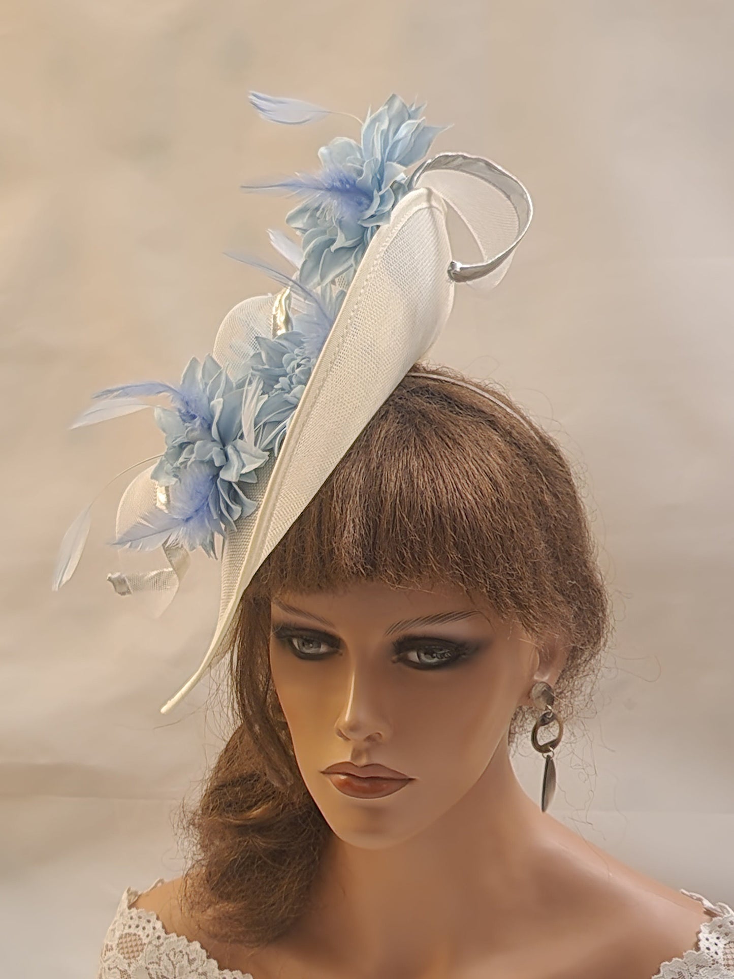 WHITE/ BLUE Fascinator Hat WHITE Teardrop hatinator long Swril Floral Church Derby Ascot Wedding Party Mother of Bride/Groom Fascinator Hat