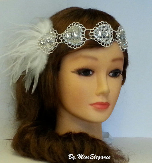 1920s Flapper Headpiece, Bridal Gatsby Headband Crystal Beaded Heart Motif forehead Headband Vintage 1920's-40's sparkly Feather headband