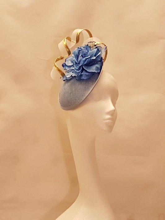 Vintage 4050s BLUE Fascinator Disc Hat fascinator Ascot,Wedding Mother of bride fascinator Blue hatinator large flower gold edge crin swirl