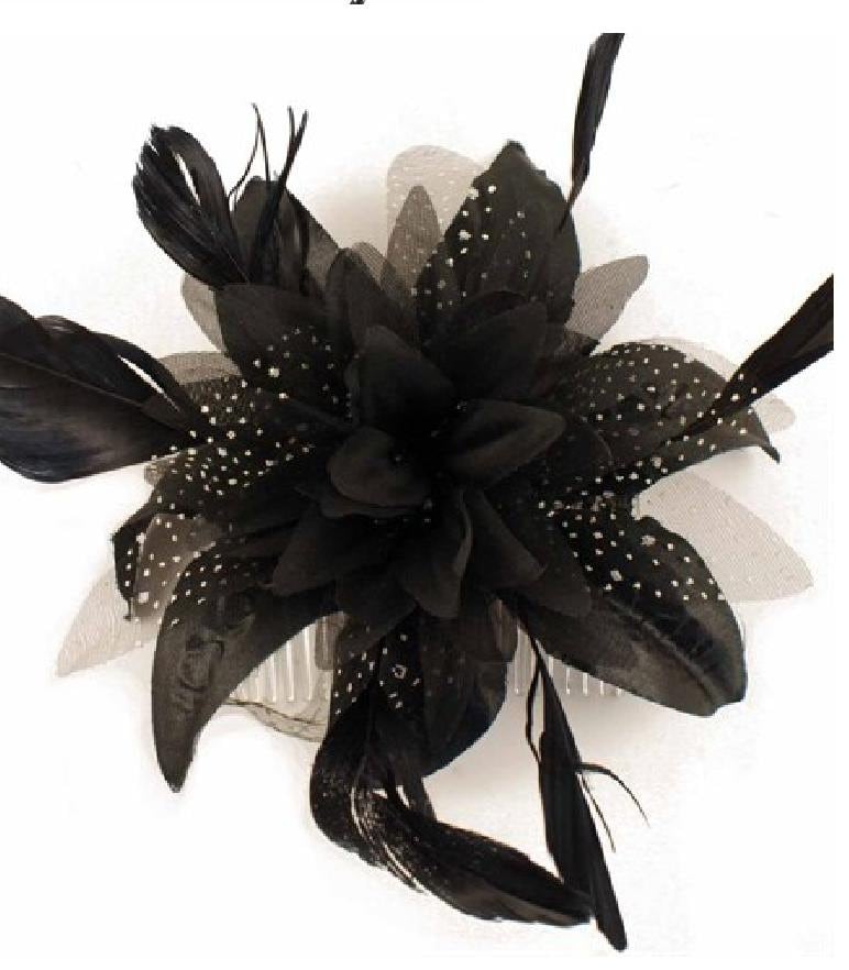 Black fascinator Feather flower, Wedding, Bridesmaid, cocktail, Ascot Race, Prom Ball, Parties. Black hair Comb Head piece Hair accessory