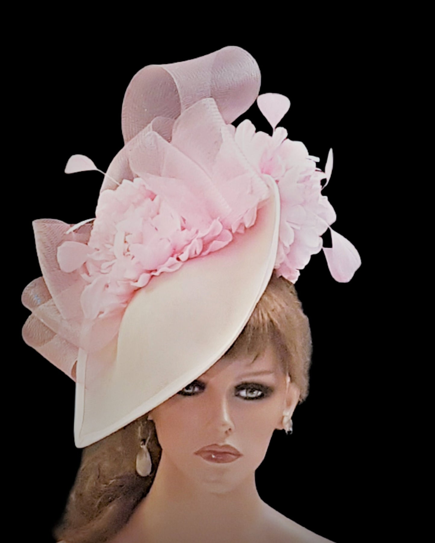 White & Pink Hat Fascinator Large hatinator with Feathers. Floral Church Derby Ascot  Race Wedding Party hat Mother of Bride/Groom- EleganceFascinator