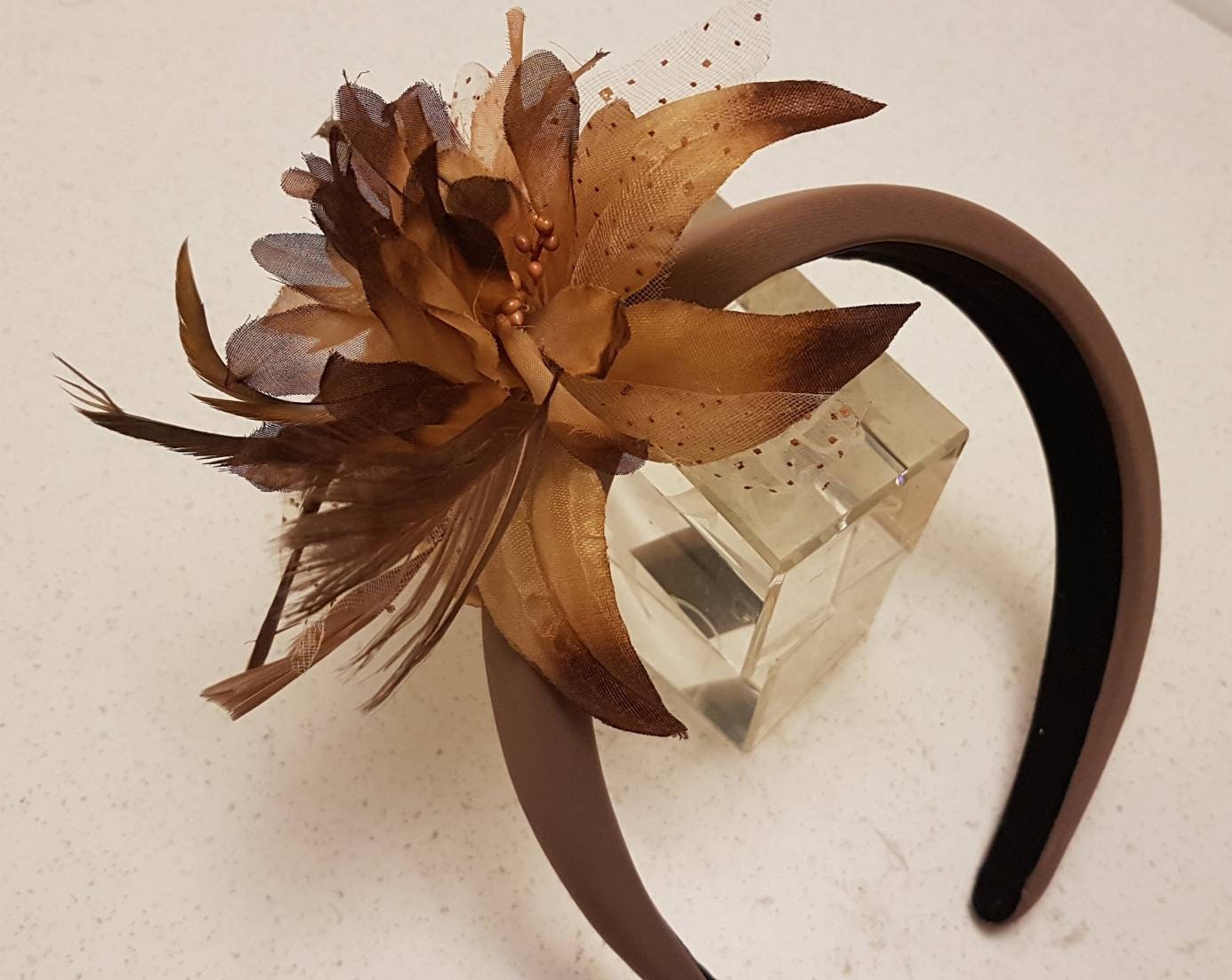 BROWN  Feather Flower SUEDE Padded Headband Fascinator Headpiece Halo Padded Hair Crown Races Wedding Prom