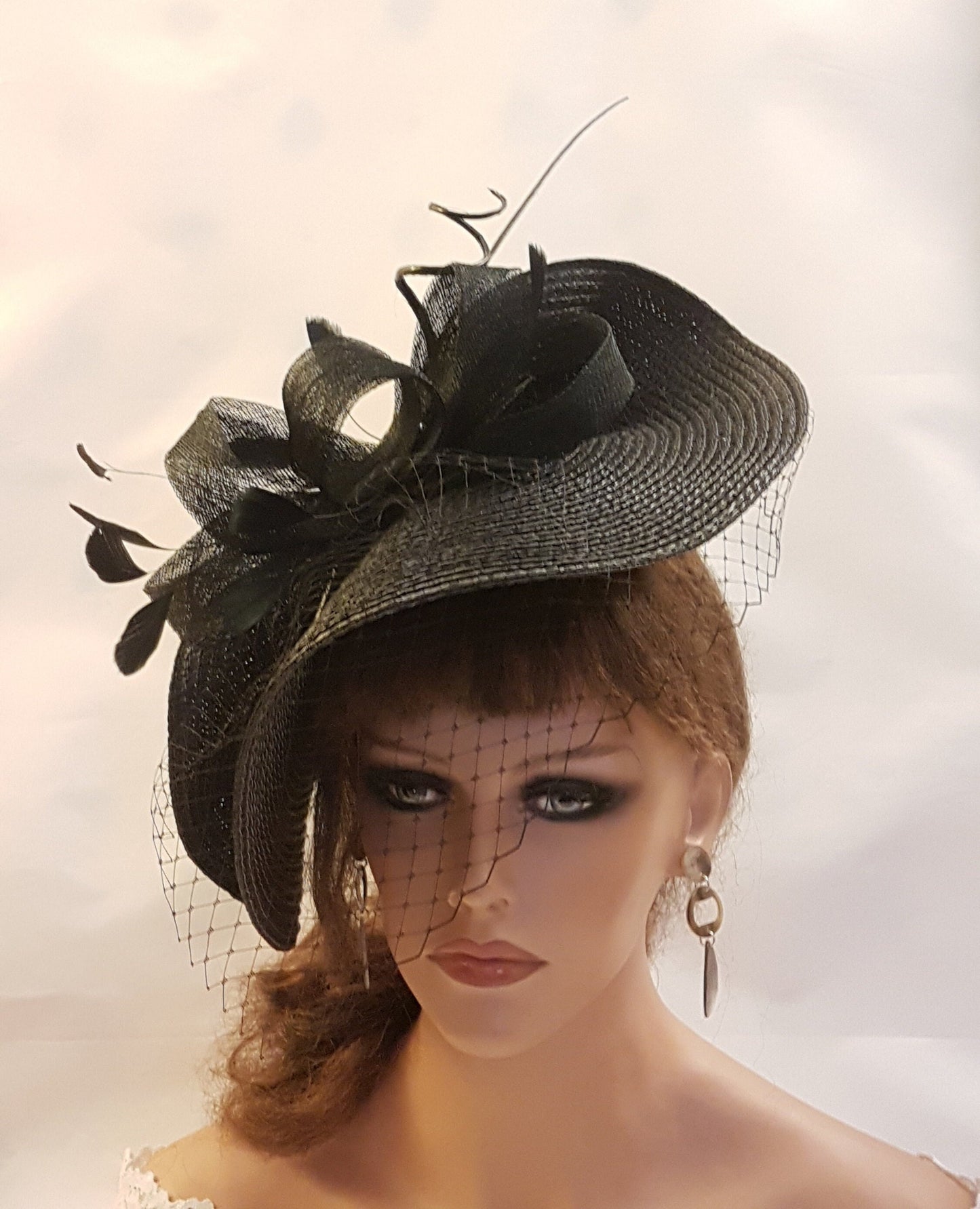 BLACK Hat Fascinator Large saucer Hatinator Long quil Feather French Nett Veil Wedding Ceremoney Mother of bride HatAscot Hat Fascinator