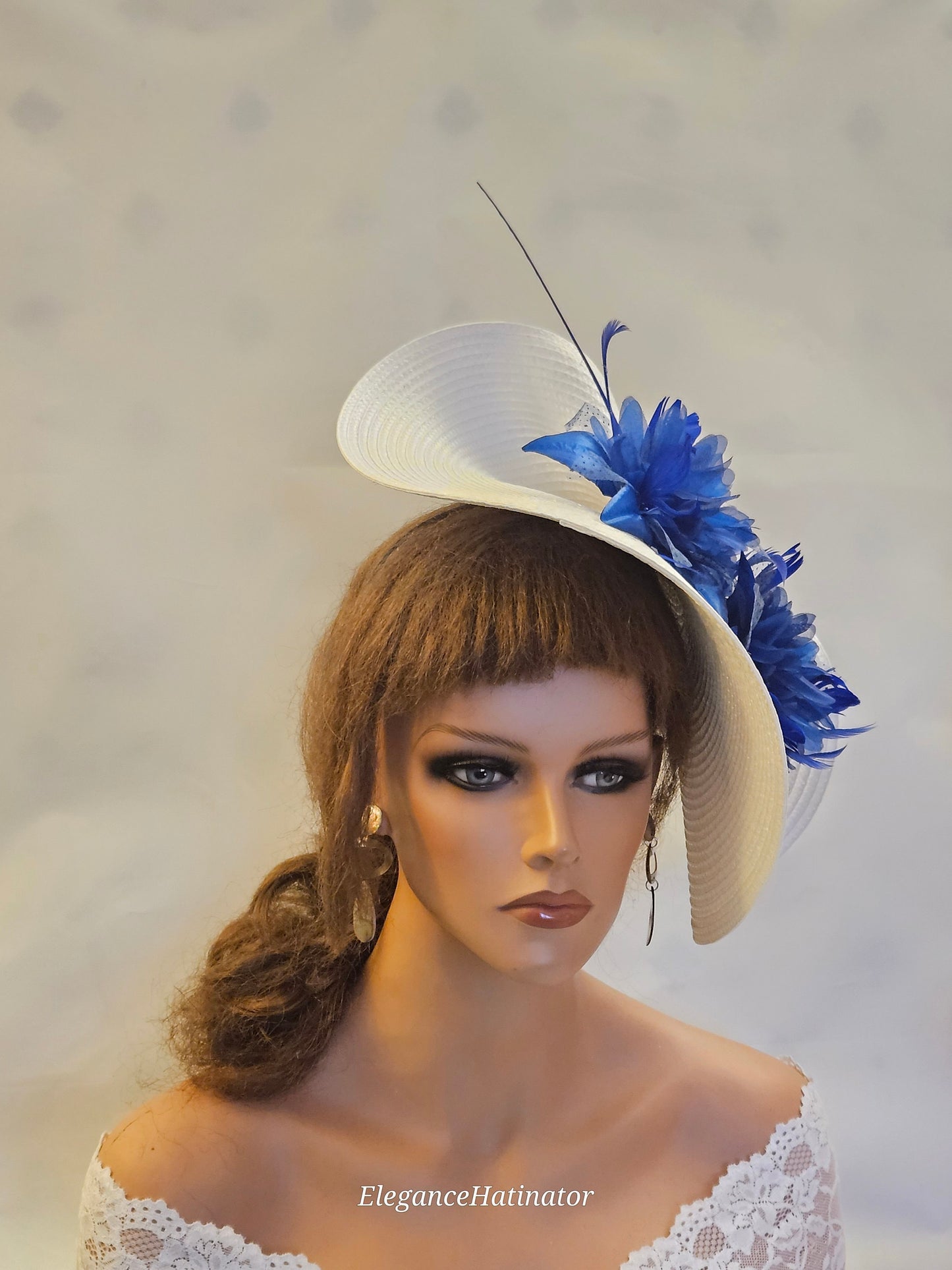 WHITE & BLUE Fascinator Hat large saucer hatinator long Quil Floral Church Derby Ascot Wedding TeaParty hat Mother of Bride/Groom Facinator