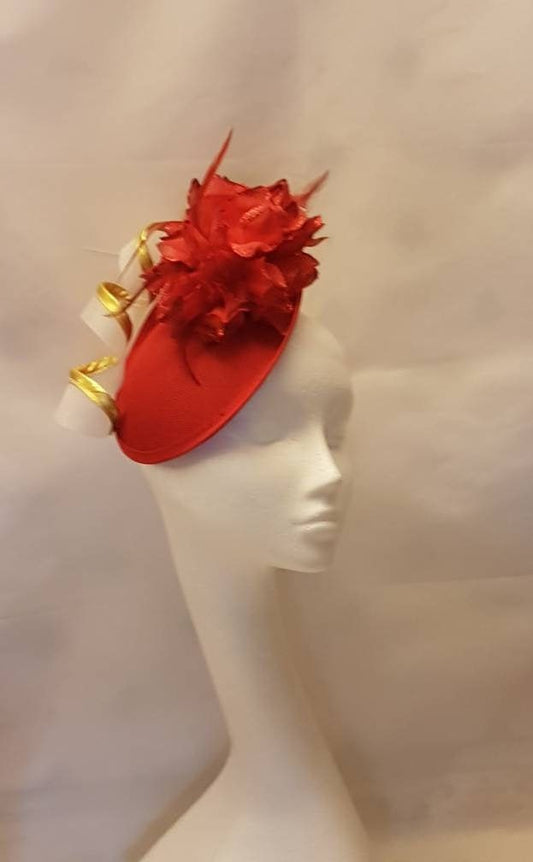 RED HAT Fascinator,#RED Hat Fascinator,Wedding Church Hat,Fascinator Hat,Goodwood Cocktail Ascot Hat Feather Hat Fascinator Gold edge Swirl