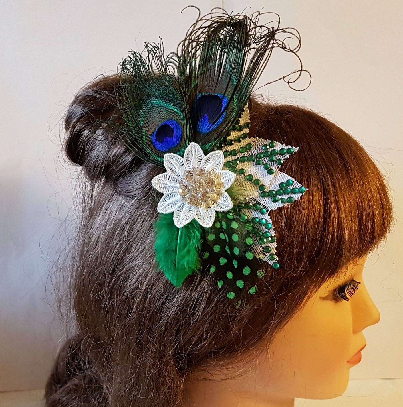 Peigne à cheveux en plumes de paon de mariée, peigne en plumes de cristal bleu vert Fascinator Fascinator de mariée Gatsby Bandeau des années 1920 Fascinator de mariage