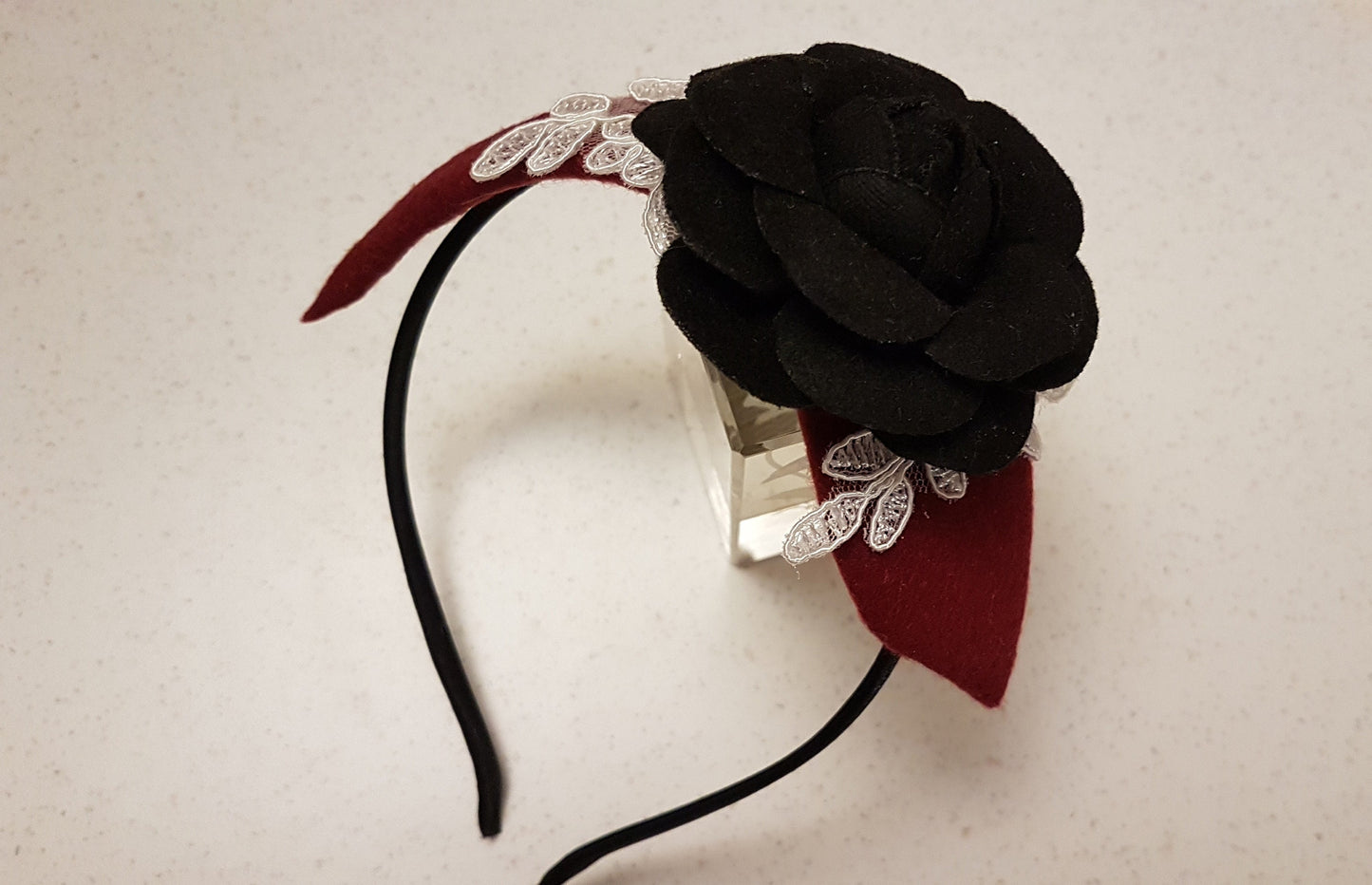 MAROON FASCINATOR, Modern Felt fascinator with BLACK Rose #Maroon fascinatorHeadband Felt Rose flower. Cocktail,Ladies day,Wedding Hairpiece