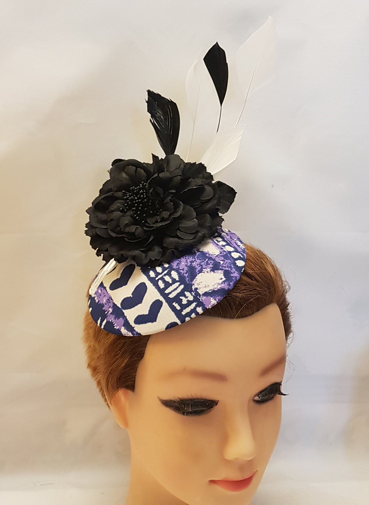 PURPLE PRINT Facinator White / Black Feather Floral Fascinator Hat Race Cocktail Hat Ascot Hat Cocktail hat Wedding headpiece