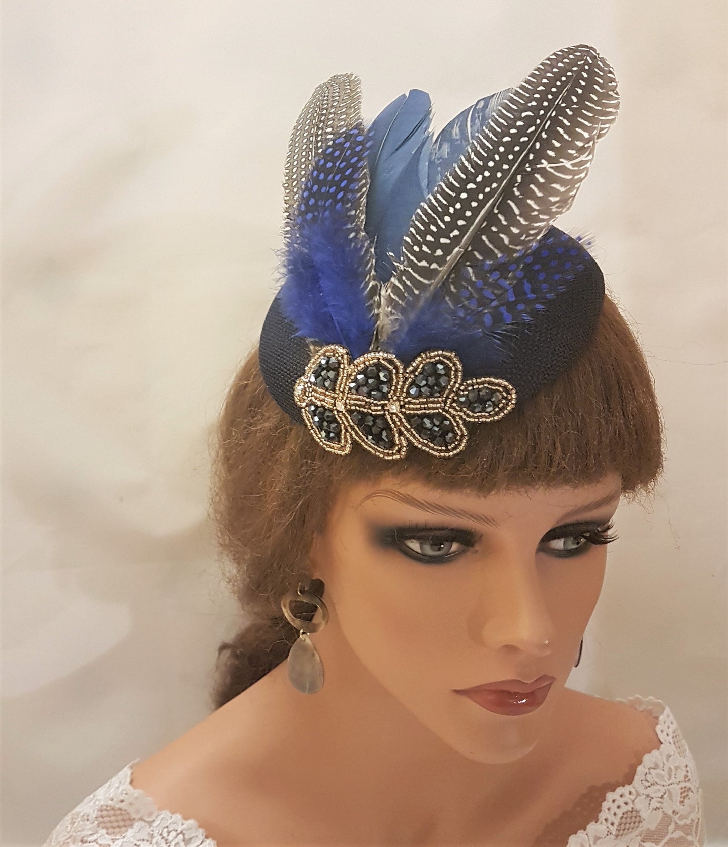 NAVY HAT FASCINATOR #Navy Blue Feather Hat Fascinator Sparkly Crystal Beads Jewel Gatsby headpiece Race Cocktail Ladies Ascot Hat Fascinator