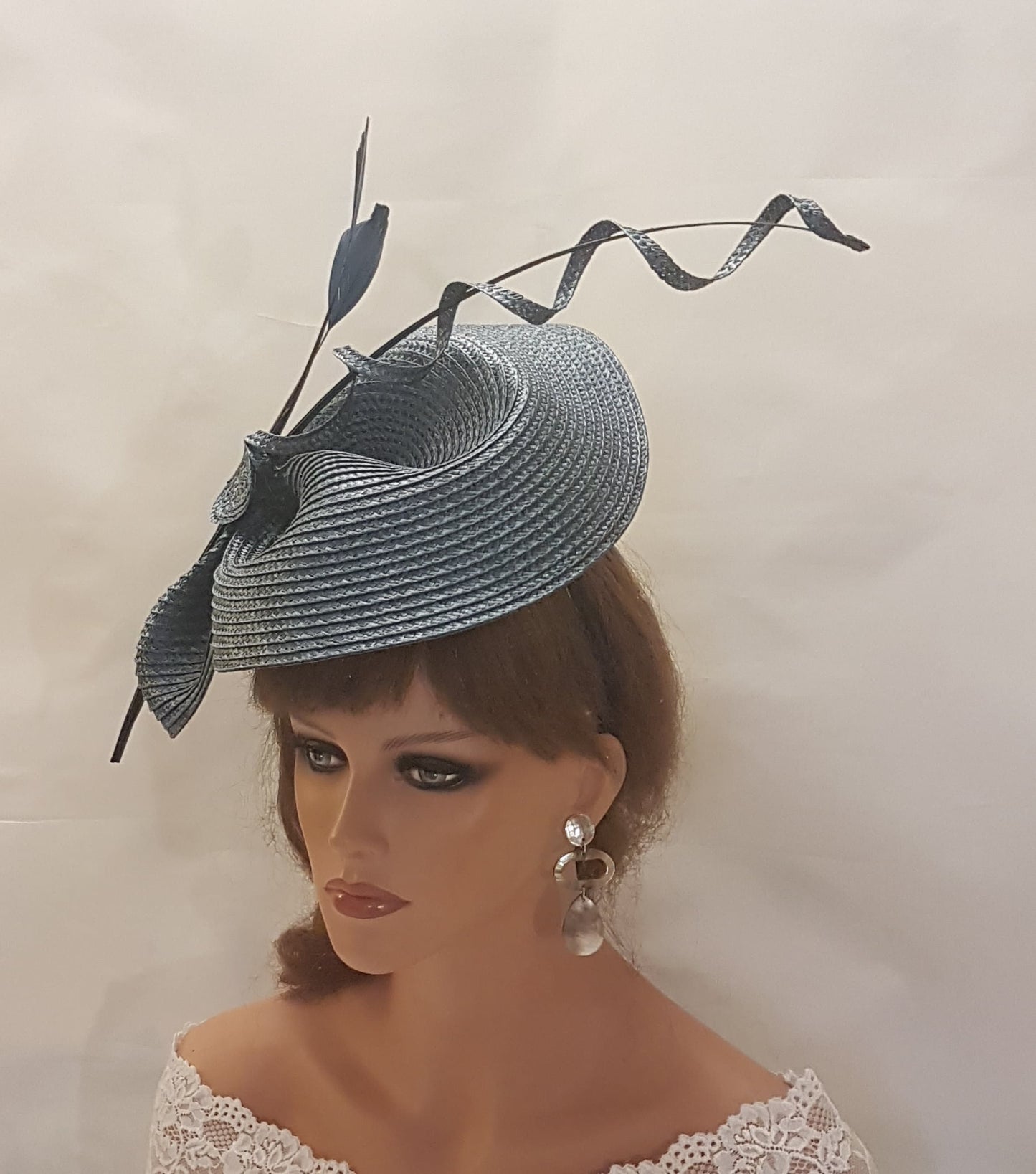 Fascinator DARK GREY / NAVYBLUE Grey large hatinator long Quil Church Derby Ascot Royal Wedding TeaParty hat Mother of Bride/Groom Hatinator