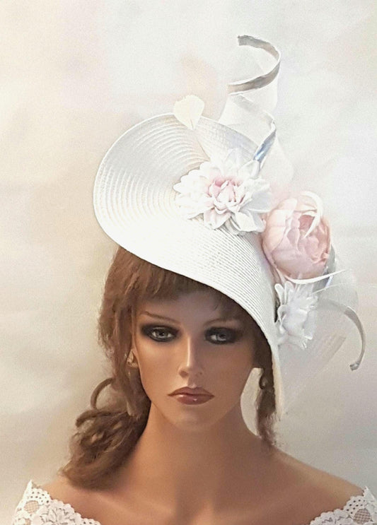 White & Pink fascinator large saucer women Hatinator Church Derby Ascot Race Wedding Cocktail Party hat Mother of Bride/Groom Hat Fascinator