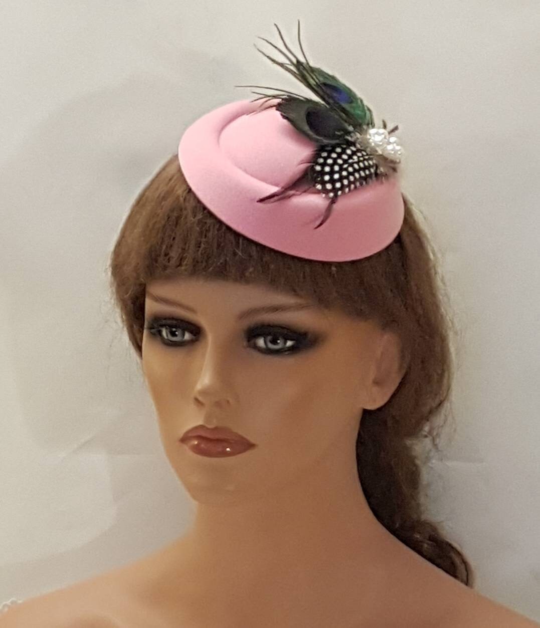 PINK HAT fascinator. Peacock Feathers. PINK Faux Felt hat fascinator Race, Wedding ,Ascot,Ladies Cocktail Church hat fascinator