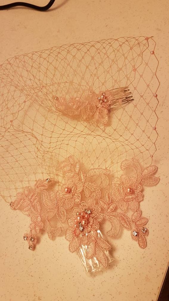 Voile de cage à oiseaux blanc, ivoire, voile de cage à oiseaux de mariée rose blush, fascinateur de mariage en dentelle de mariée, voile de perle de diamant blush, voile de cage à oiseaux de mariée