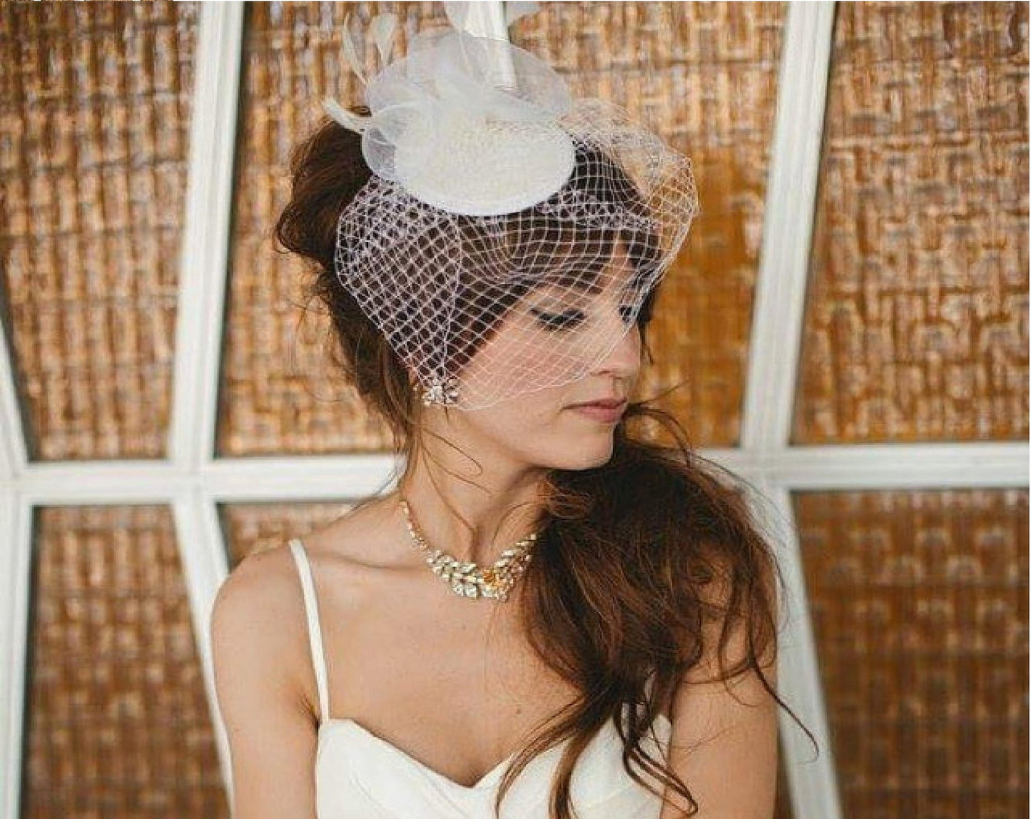 Bridal birdcage veil fascinator hat #Feather fascinator hat White Ivory Black birdcage veil Feather hat fascinator, Wedding hair accessory